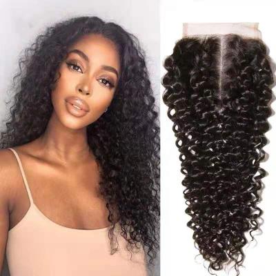 China Cheap Price 100% Brazilian Kinky Curly Hair Shiny 4*4 T Piece Swiss Hair Lace Closure for sale