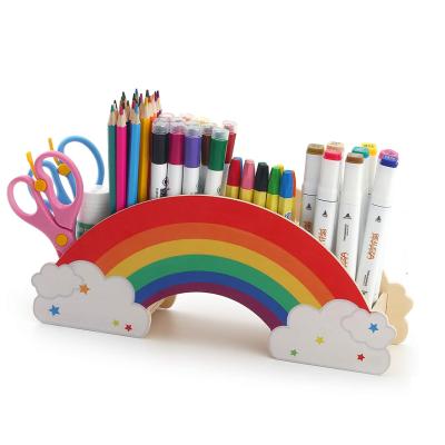 China Office Pen Holder Cute Wooden Rainbow Desktop Organizer 6 Compartments for Stationery Art Supply Pencil Case Office Home School Office for sale