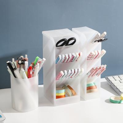 China Clear Desktop Pen Pencil Organizer Holder Casual Oblique 4 Row For Office Stationery Bucket Makeup Brush Storage for sale