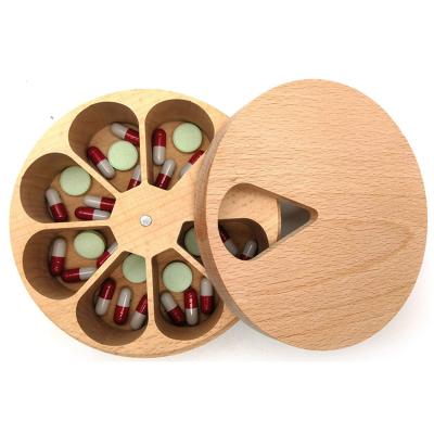 China Viable Round Daily Weekly Organizer Beech Wood Medicine Pill Box For Earring Ring Jewelry Storage Vitamin Kitchen Salt Spice for sale