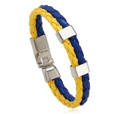 China Simple Yellow Blue Multilayer Braided Leather Woven Bracelet Ukraine Flag Wristband Ukraine Flag Bracelet For Ukraine Support for sale