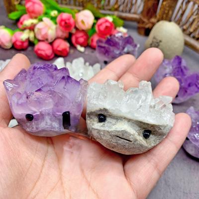 China Natural White Crystal Stone Hedgehog Cluster, Europe Super Cute Amethyst Hedgehog Cluster Rough Stone Ornament for sale