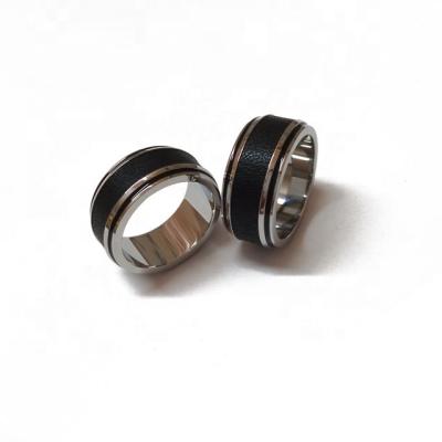 China Good quality hot sale real genuine leather insert stainless steel rings leather top stainless steel ring for sale