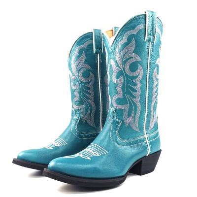 China Women Ladies Cowgirl Fashion Embroidered Winter Western Boots Blue Stitched Round Comfortable Autumn Summer for sale