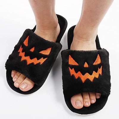 China Cushioning Funny Halloween Pumpkin Slippers Face Plush Shoes Slippers Soft Plush Open Toe Slippers For Women Men for sale