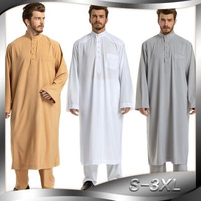 China Newest Dubai Abaya Set Muslim Long Sleeve Thobe Clothing Turkey Men Solid Color Islamic Saudi Men Long Sleeve Muslim Robe Two Pieces C-3397 for sale