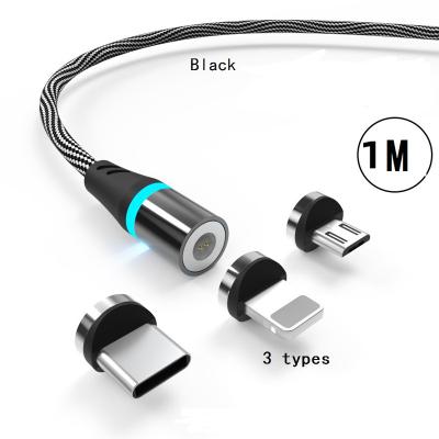 China LED USB Magnetic Cable 3 in 1 Braided Nylon Tie Down 360 Degree 3A Fast Charging Type C Data Cable Micro USB Charger Magnetic Cable for iPhone Android for sale