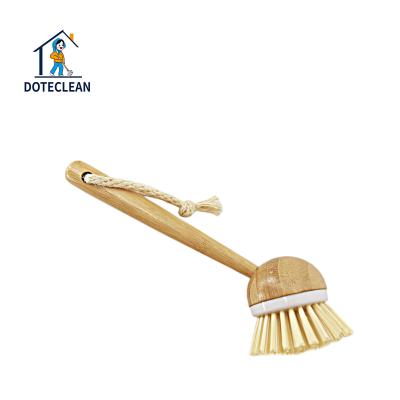 China Sustainable Eco-Friendly Natural Long Handle Kitchen Dish Cleaning Brush Scrub Vegan Plant Fiber Bristle Pot Pan Vegetable Brush for sale