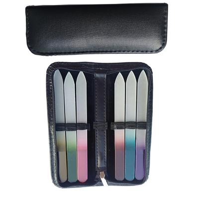 China Eco-friendly Nail Folder Polishing Stick Leather Case Style 6 Pieces Set Glass Nail Folder With PU Leather Bag for sale