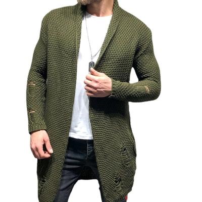 China 2022 Anti-wrinkle Amazon spring sweater men European and American solid color mid length ripped loose cardigan knitted cardigan men for sale