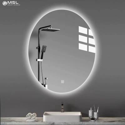 China Modern Hotel Bathroom Magnifying Touch Graphic Style Silver Switch Lamp Vertical LED Bathroom Wall Mirror Lighting Mirrors for sale