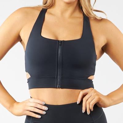 China Fashion Summer Breathable Women Refine U-Neck Impact Zipper Design Front Zip Yoga Crop Tops Sports Bra With Custom Logo for sale