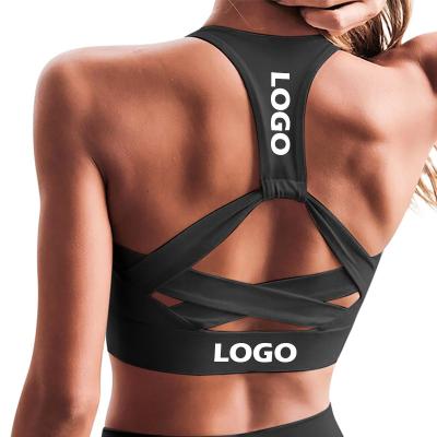 China Black Logo Opening Back Sports Bra Womens Fitness Strappy Back Yoga Spandex 87% Nylon High Print Breathable Custom Bra 13% for sale