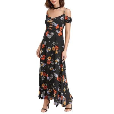 China Wholesale Anti-Static Holiday Style Chill Front Floral Print Chiffon Long Maxi Dress for sale