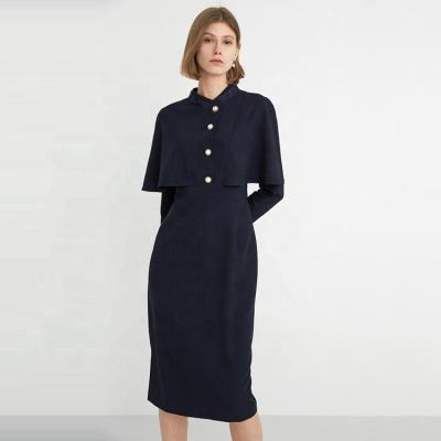 China Vintage Anti-Static British Style Long Sleeve Office Navy Comfortable Lady Midi Dress Casual for sale