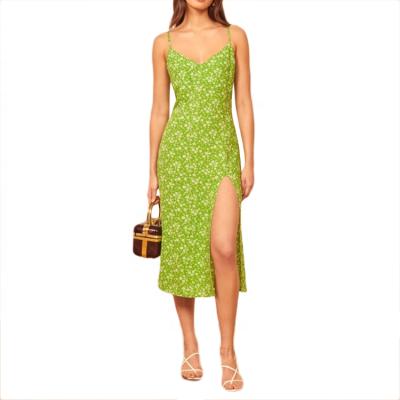 China 2020 New Summer Breathable OEM Comfortable V Neckline Side Split Women Midi Dress for sale