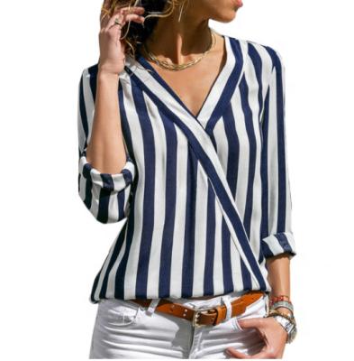 China Long V-Neckline Blouse Women Casual Tops Bym Sleeve Blouse Women Breathable Striped Shirt Blouse for sale