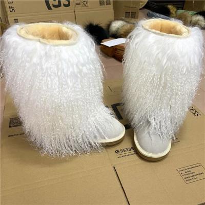 China 2021 Light Weight Fashion Winter Lambskin BootsReal White Curly Mongolian Long Hair Sheep Fur Boots Cover High Knee for sale