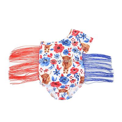 China Handsome 2022 New Summer Toddler Baby Rompers 4th of July Style Western Cattle Printed One Shoulder Kids Baby Short Sleeve Tassel Leotard for sale