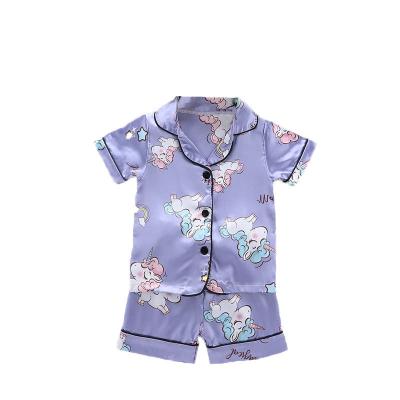 China 2021 Bear QUICK DRY Lovely Unicorn Printed Kids Silk Pajamas Set Baby Boy Satin Girls Sleepwear Outfits for sale