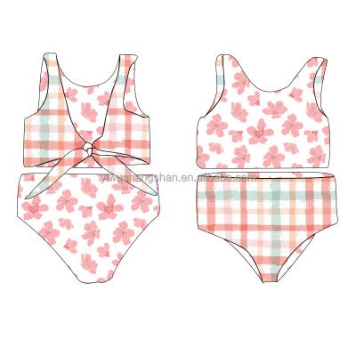 China Breathable Lattice Print Summer Babies Swimsuit Kids Flower Pattern Toddler Reversible Tie Up Bathing Split Swimsuit Suits for sale