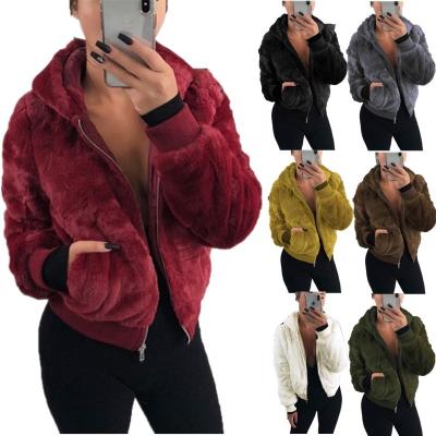 China Hooded Breathable Popular Women Plus Size Solid Color Fur Shorts Coat Plush Winter Warmer Zipper Ladies Jacket With Pocket for sale