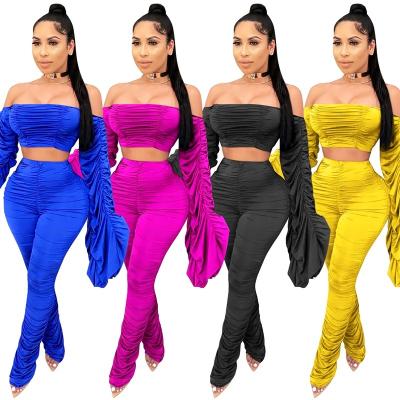 China 2020 Fashion Wholesale Breathable Women Ruffles Flare Sleeve Tops Sexy Stacked Pants Girls Two Piece Set Pants Ladies Suit for sale