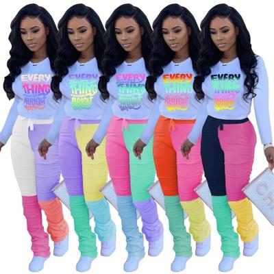 China Autumn Women Breathable Letter Color Block Stacked Sweatsuit Team Spliced ​​Stacking Joggers Pants Girl Two Piece Set for sale