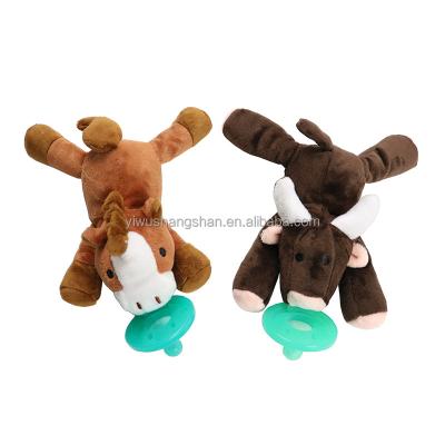 China Hot Selling Horse and Cow Baby Feeding Products Shape Toddler Baby Pacifiers Hanging Plush Toys Silicone Animal Pacifiers for sale