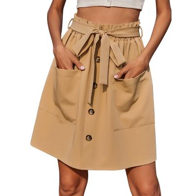 China High Waist Women Skirt OEM Breathable Factory Custom Made Brown Mini Skirts With Sashes Front Pockets Fashion Casual Mini Skirt for sale