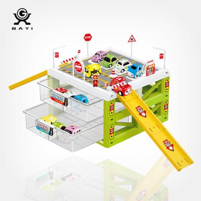 China Slot Toy Two Layer Storage Box City Children's Parking Lot Toys With 6 Back Cartoon Alloy Pull Cars for sale