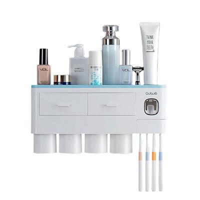 China Sustainable Bathroom Accessories Fashion Bathroom Storage Rack Household Accessories Magnetic Toothbrush Holder With Toothpaste Dispenser for sale