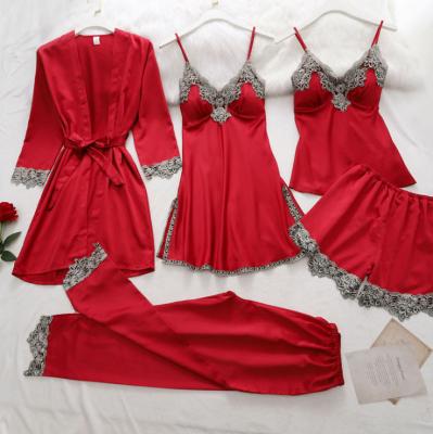 China 2022 QUICK DRY Silk 5-Piece Elegant Women Nightgown Set Shorts Sheath Casual Top Elastic Pants Nightgown Set for sale