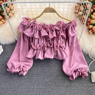 China Women's Breathable Sexy Off Shoulder Chiffon Blouses Long Puff Sleeve Short Tops Loose Lady Sexy Hot Sale Casual Ruffle Pleated Shirt Blouse for sale