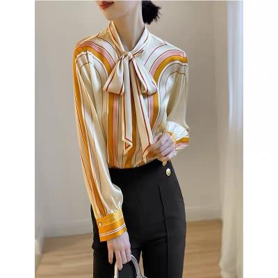 China Breathable Lattice Printed Elegant Lady Casual Satin Office Blouses Clothing 2022 Long Sleeve Shirts Women New for sale