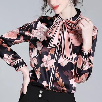 China Breathable Women's Shirt Satin Printed Shirts Fashion 2022 Spring Autumn Lapel Casual Commuter Office Woman Blouses Lady Blouses for sale