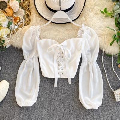 China 2022 Summer Fashionable Female Cropped Sexy Ladies Long Sleeve Plain White Breathable Crop Top For Women for sale