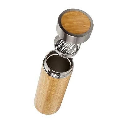 China Sustainable Size Quality Leak Proof Stainless Bottom Thermos Insulated Bamboo Water Bottle With Strainer for sale