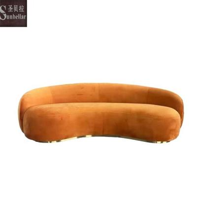 China Latest Design Moon Sofa Couch Velvet Fabric Nordic Shape Curved Semicircle Orange Gold Stainless Steel Tufted Living Room Sofa for sale