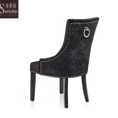 China Luxury Quality Ornate Embellished Velvet Fabric Chairs Dining Wood Legs Crushed Black Velvet Dining Chairs With Ring Pull for sale