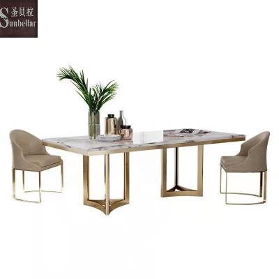 China Extendable Modern Marble Top Designs Luxury Dining Room Rectangular Luxury Dining Room Furniture Gold Stainless Steel Dining Table for sale