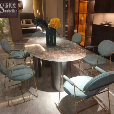 China Modern Luxury Home Furniture Italy Style Stainless Steel Oval Marble Top Dining Tables Dining Room Set 6 Chairs for sale