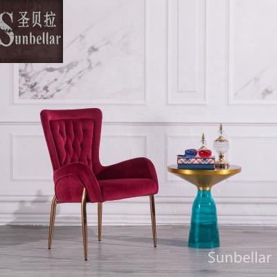 China Modern Design Luxury Tufted Dining Chair Embellished Buttons Dining Back Chair Gold Legs Velvet Fabric Accent Steel Chair for sale