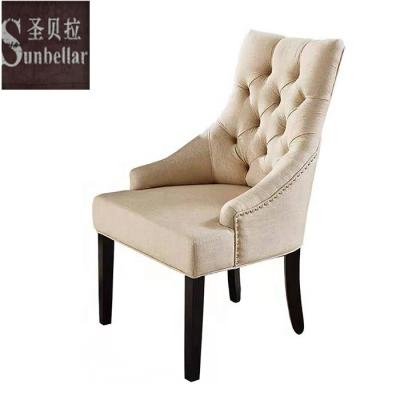 China Contemporary Wholesale Cheap Price Wood Chairs Fabric Upholstery Tufted Buttons Back Solid Wood Legs Dining Chair for sale