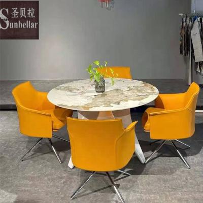 China Rotating Newly Design Modern Leather Dining Chair Luxury Metal Stand Steel Swivel Chairs For Dining Room Home Furniture for sale