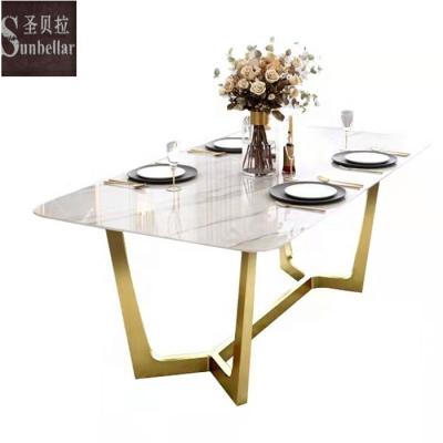 China Modern Agglomerated Marble Top Dining Table Home Dining Table Stone Gold Stainless Steel Dining Table Wholesale Clean Easy for sale