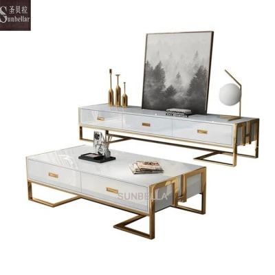 China Modern Home Furniture Living Room TV Stand With Drawers Luxury TV Cabinet With Coffee Table Gold Modern Wood Brush Steel TV Stand Set for sale