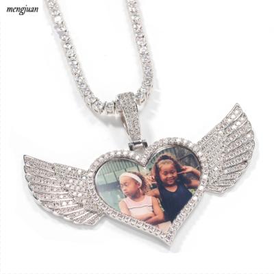 China Hiphop Zhejiang Hip Hop CZ Heart Wings Memory Photo Picture Pendant Necklace Custom Jewelry for sale