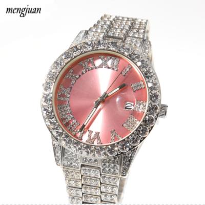 China Day/Date Zhejiang Iced Pale Pink Women Watches Bling Watch With Purple Dial Bling Bling Hip Hop Watches for sale