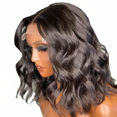 China Short Length Light Brown Lace Front Human Hair Ocean Body Wave Bob Wig for Black Women for sale